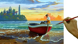 Acrylic Landscape Painting in Timelapse  Fisherman on Red Boat  JmLisondra [upl. by Reina]